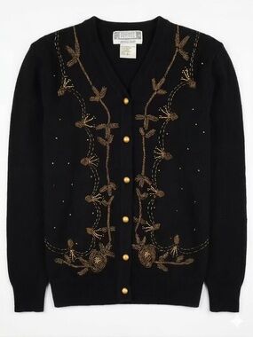 Embroidered Black Cardigan with Gold Accents -